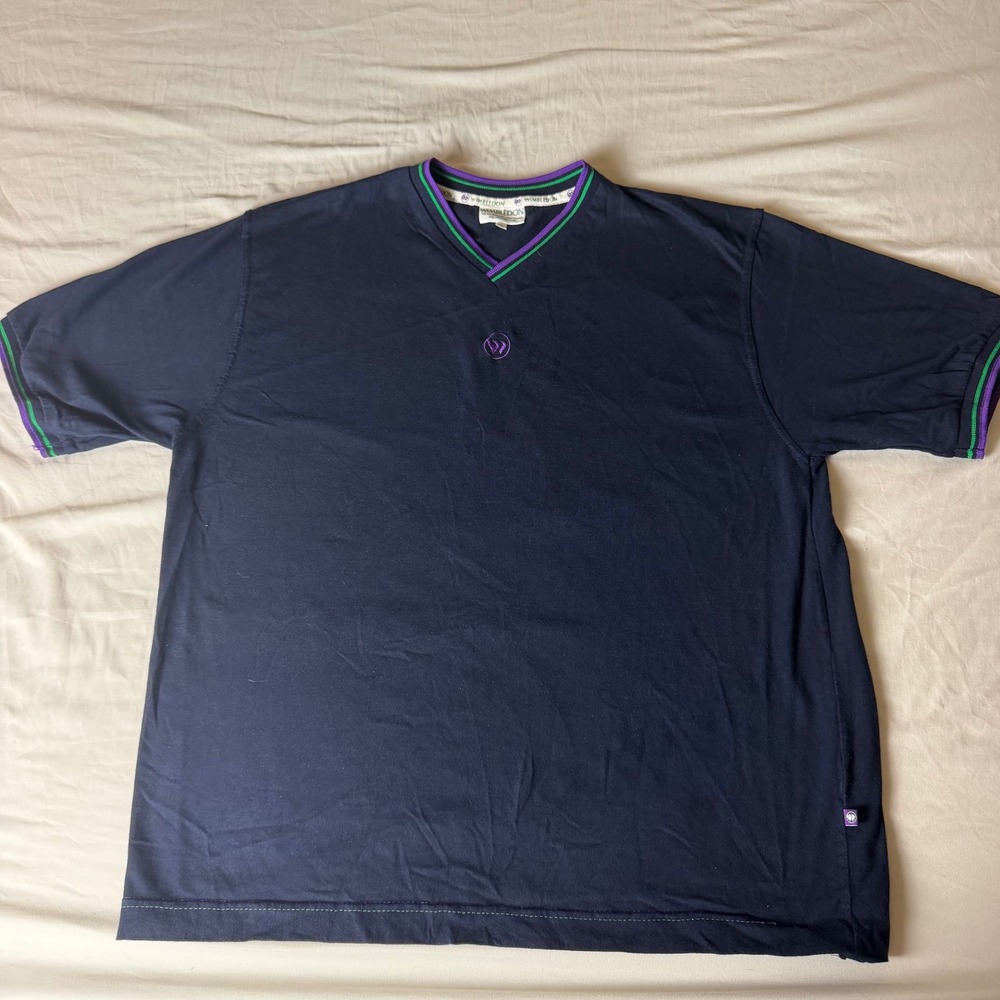 Wimbledon Tennis Club Mens V-Neck T-Shirt Navy Vintage 90s XL Embroidered
